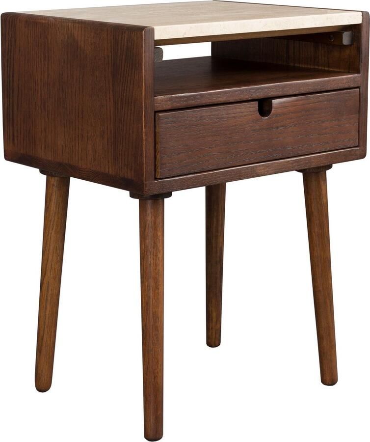 Dutchbone Nachtkastje Arda Walnoot en travertin Met 1 lade Bruin - Foto 2