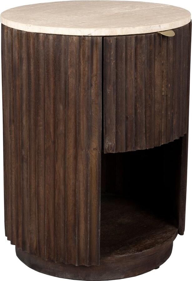 Dutchbone Bijzettafel Nachtkastje Marlow Mangohout en Travertin Bruin Rond
