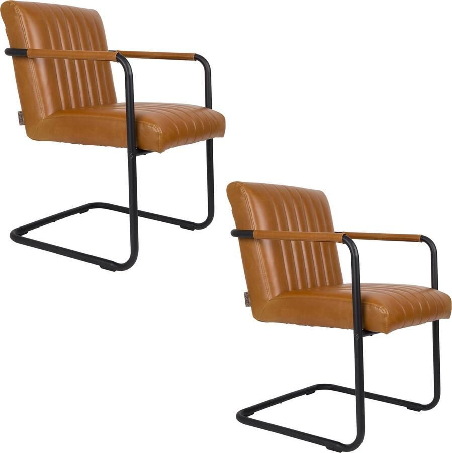 Dutchbone Stitched Eetkamerstoelen met armleuning Kunstleer Cognac Set van 2