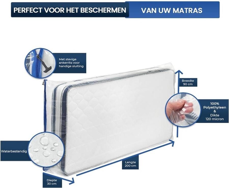 Dutchers Beschermende Plastic Matras Bekleding matraszak 90 x 200 x 30 cm met ritssuliting ondoorzichtig extra scheurvast 120µ voor matrastransport verhuizen opbergen opslag vervoer Opbergzak