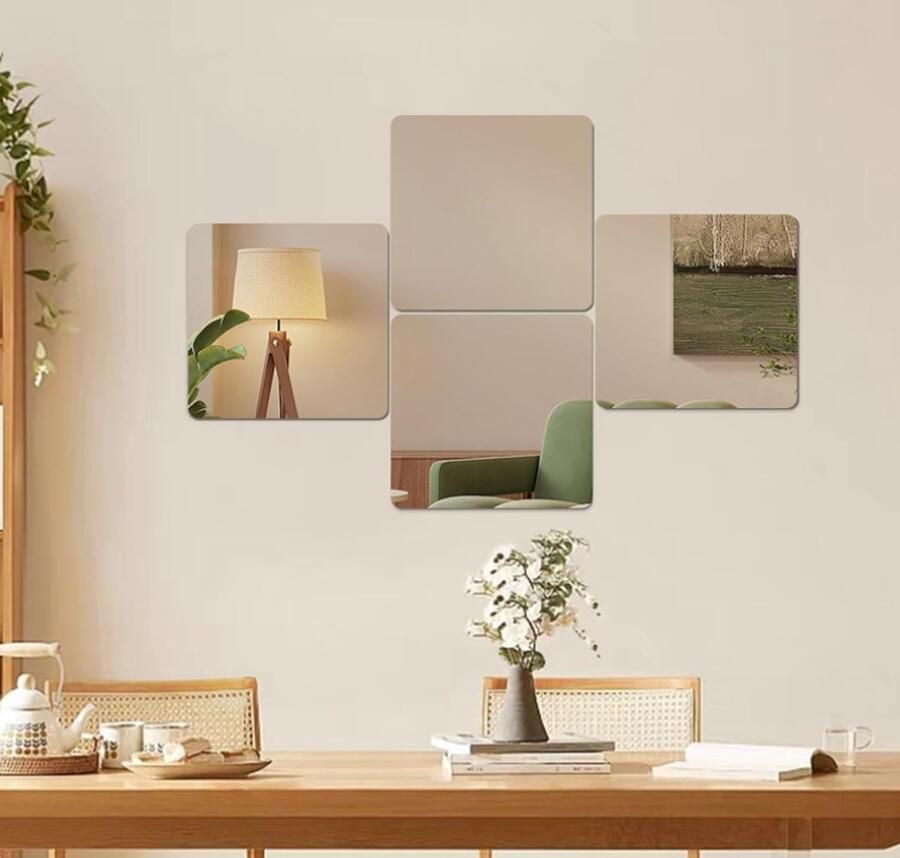 Dutchers Zelfklevende Spiegeltegels – Set van 4 Acrylspiegels – 25x25 cm – Spiegel Flexibele Plakspiegel voor Muren Kasten en Badkamers Deurspiegel Plakspiegels rechthoek