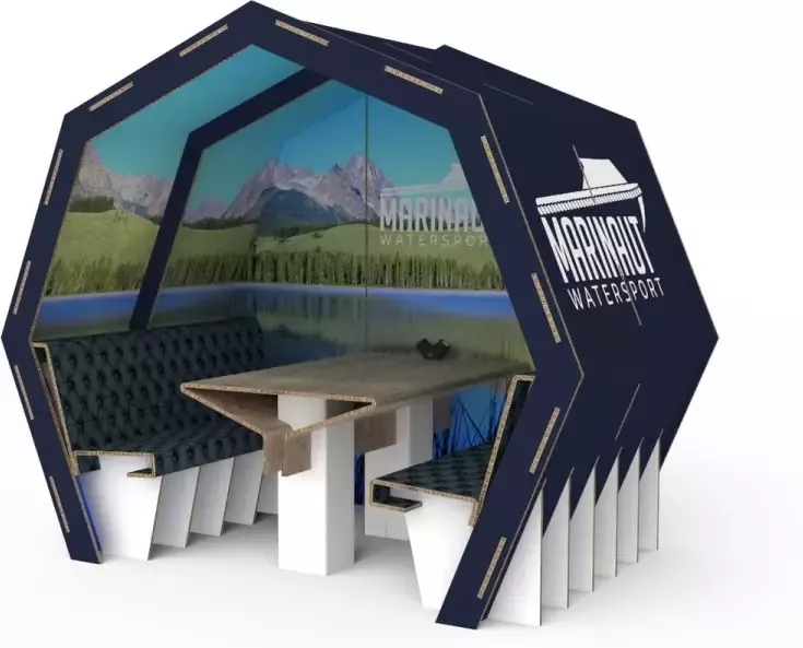 Dutchlabel Bee Connect Custom 4-Persoons Vergaderbox flexibele werkplek beurs stand 4 persoons werkplek Pop-up vergader unit Honingraatkarton kantoor pop-up Dutch Label Bee Connect Custom