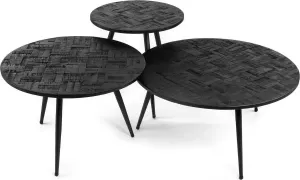 Duverger Checked Salontafels set van 3 rond zwart teak geblokt parket metalen frame