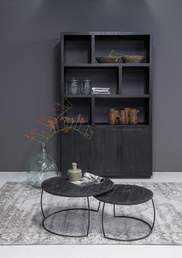 Duverger Black Omerta Bibliotheekkast mango zwart naturel 3 deuren 6 nissen stalen frame