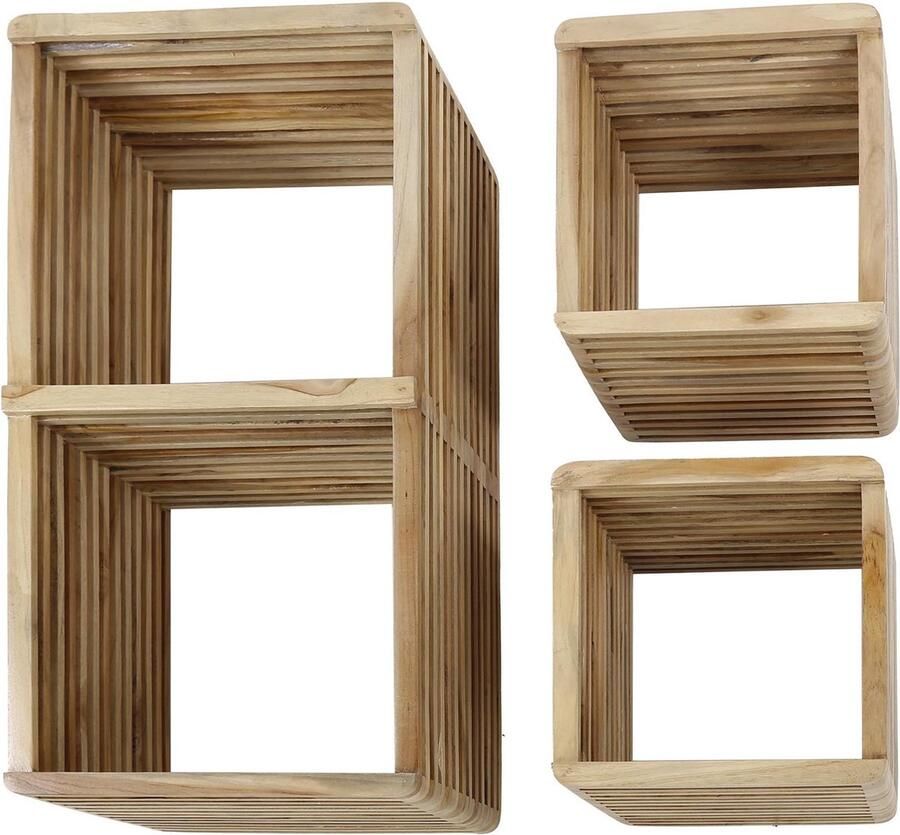 Duverger Razz Wandschap set van 3 teak 2 kleinere schappen 1 groot schap strookjes