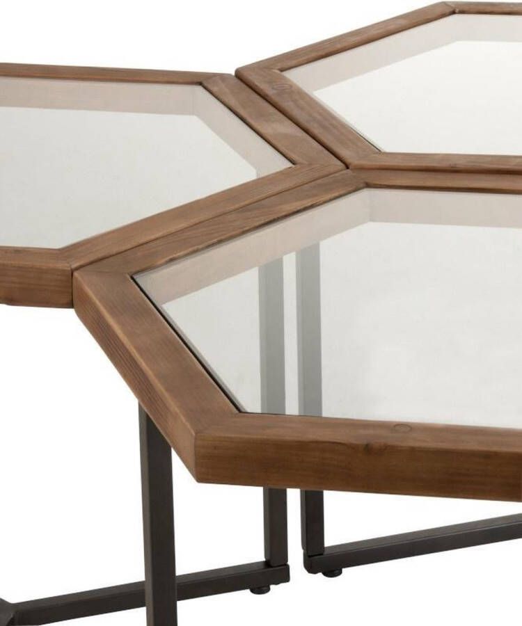Duverger Honeycomb Bijzettafels set van 3 hexagonaal glas blad houten rand metalen frame