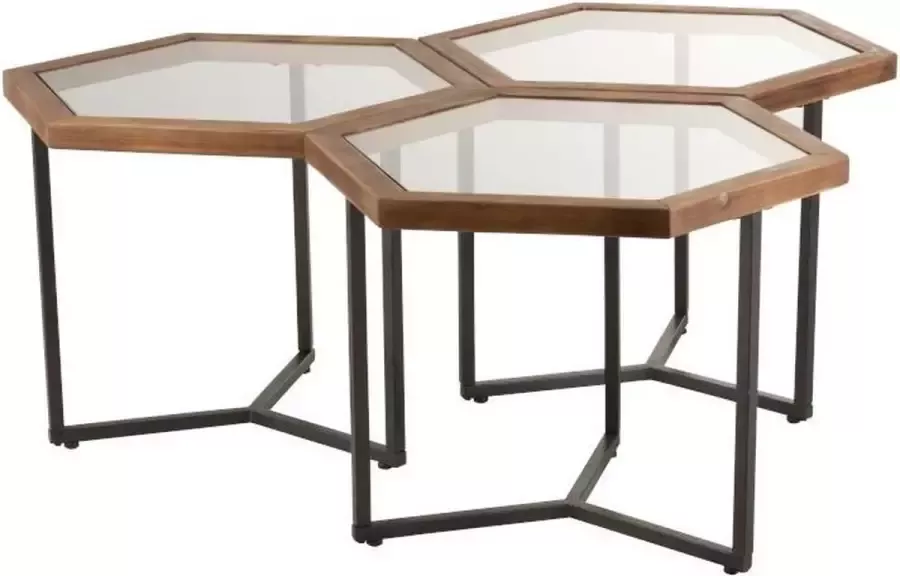 Duverger Honeycomb Bijzettafels set van 3 hexagonaal glas blad houten rand metalen frame - Foto 2