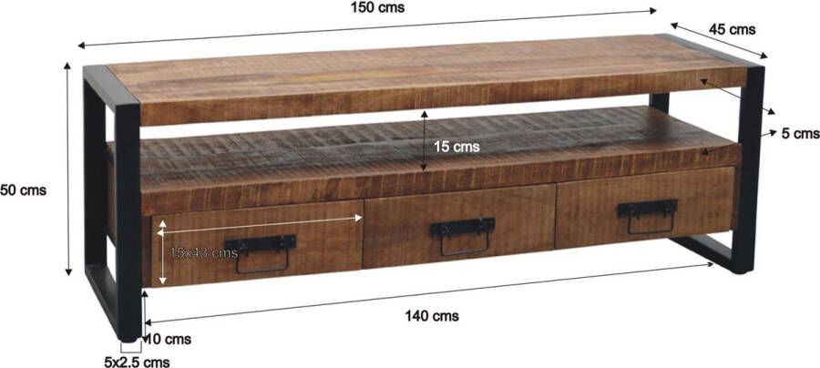 Duverger Robust TV-meubel 150cm 3 lades 1 nis naturel mangohout staal - Foto 1