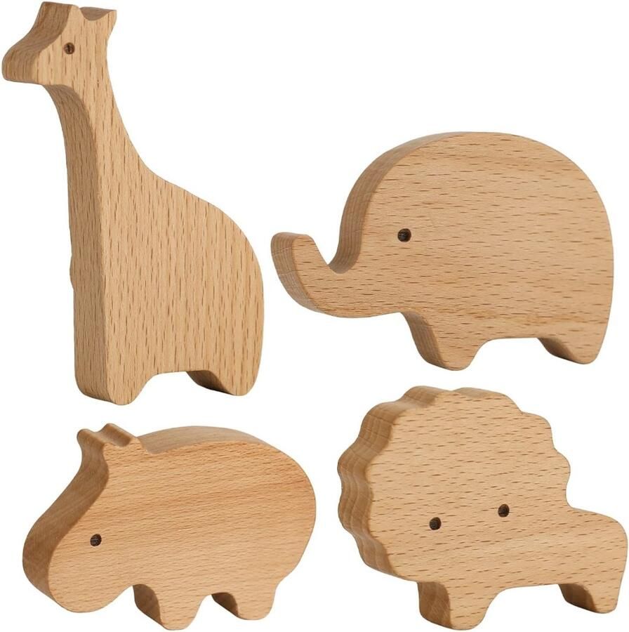 DWIH 4 stuks houten kapstok haken dieren kinderkamer olifant leeuw nijlpaard giraffe Eiken