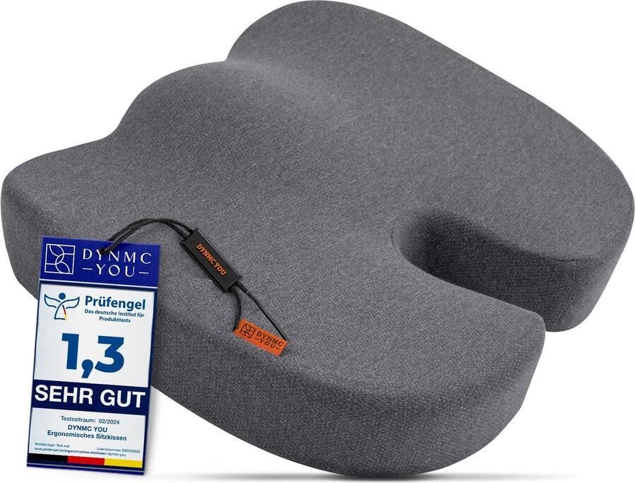 DYNMC you Ergonomisch zitkussen stoel comfortabel zitten op kantoor en thuis ontlastend voor rug heupen stuitbeen perfect zitkussen voor bureaustoel premium traagschuim kussen in grijs