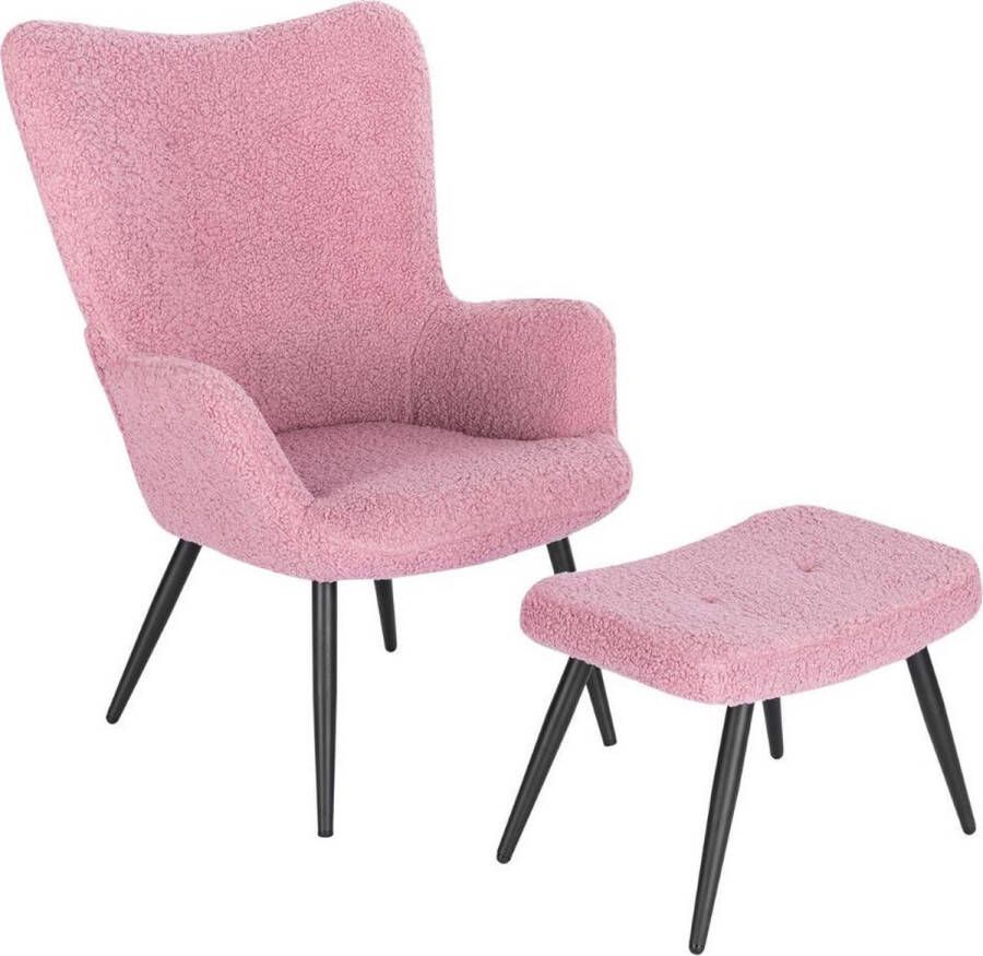 Dytroux Fauteuil Stoel Roze Met krukje Schapenvacht Wol Luxe stoel