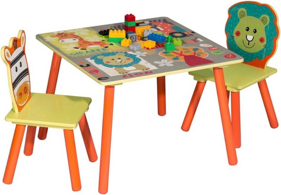 Dytroux Kindertafel en 2 Stoeltjes Dieren Kindermeubel Tafel Tafeltje voor Peuter Kleuter & Kinderen Hout Gekleurd Dieren