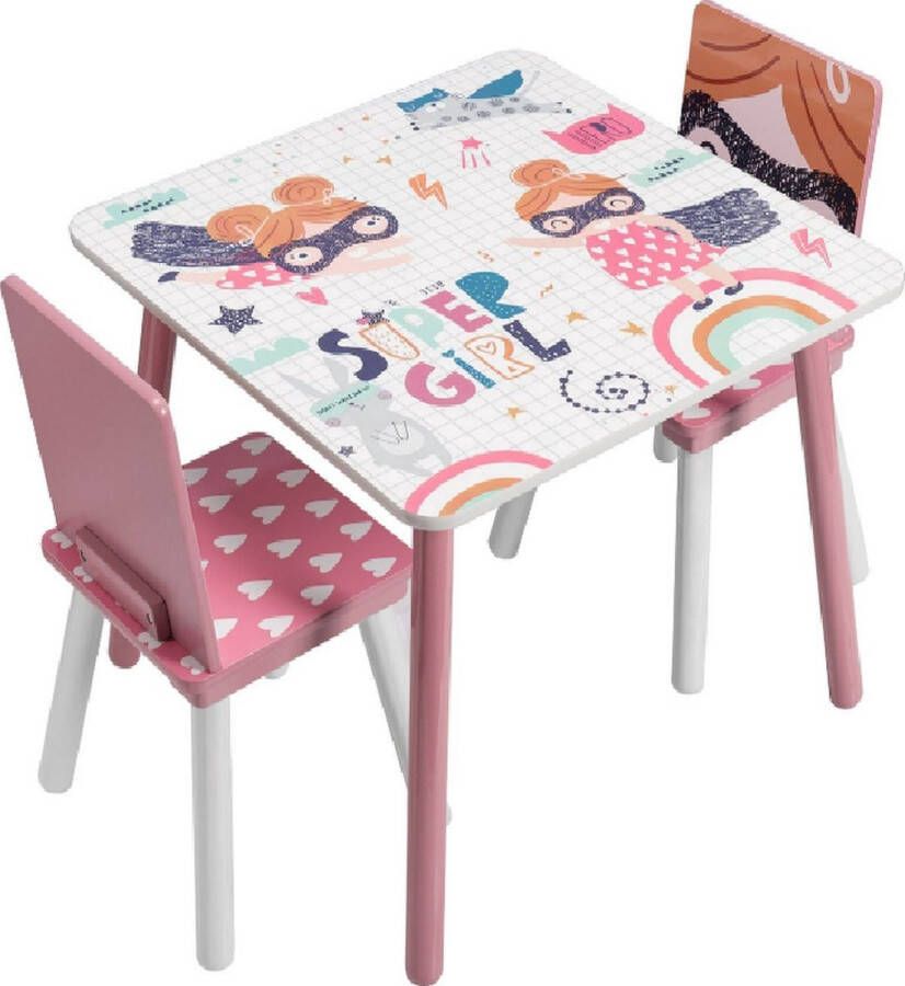 Dytroux Kindertafel en 2 Stoeltjes Kindermeubels Tafel Tafeltje Voor Peuter Kleuter & Kinderen Hout Roze Super Held Print