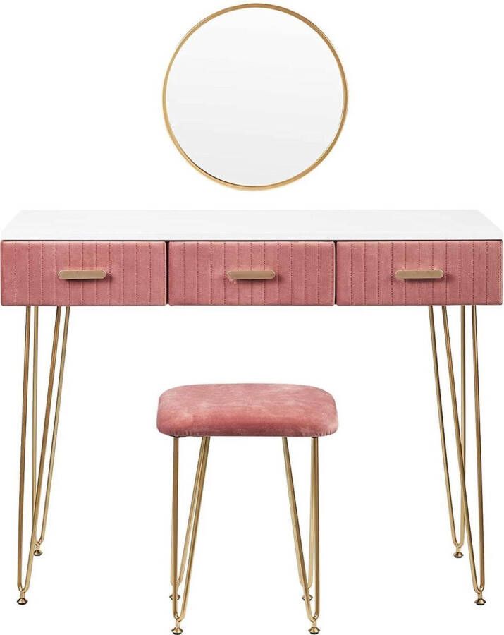 Dytroux Roze Kaptafel met Spiegel en Krukje Make up tafel Spiegel met opbergruimte Fluweel Roze Slaapkamer accessoire