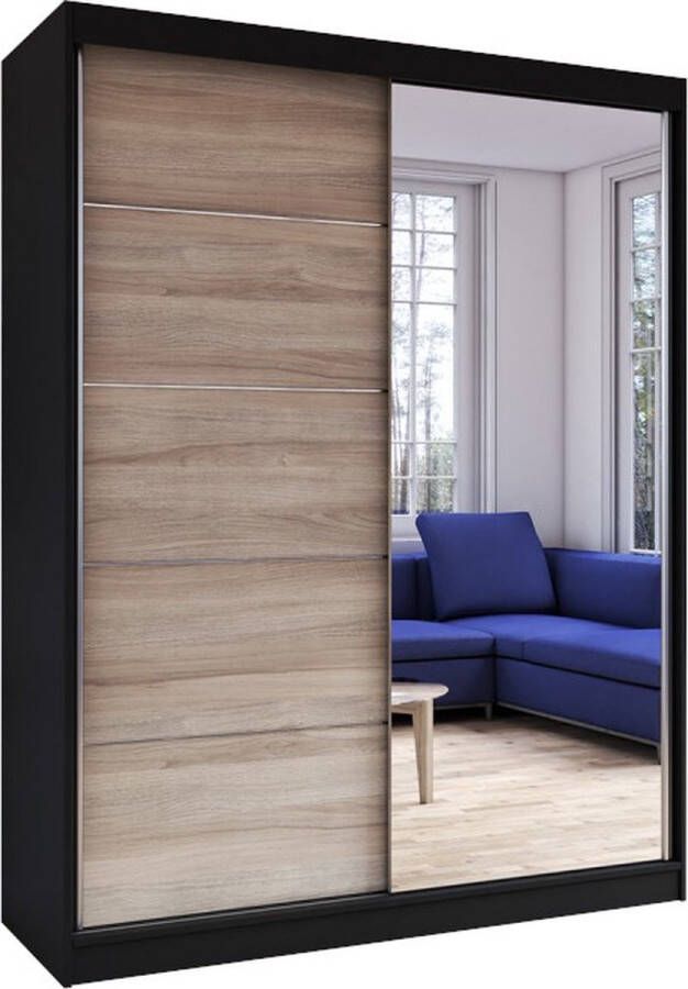 E-MEUBILAIR Zweefdeurkast Kledingkast met Spiegel Garderobekast met planken en kledingstang 150x61x200 cm (BxDxH) LARA 05 (Zwart + Sonoma)