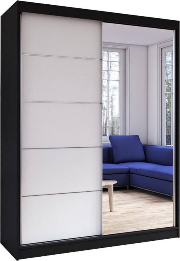E-MEUBILAIR Zweefdeurkast Kledingkast met Spiegel Garderobekast met planken en kledingstang 150x61x200 cm (BxDxH) LARA 05 (Zwart + Wit)