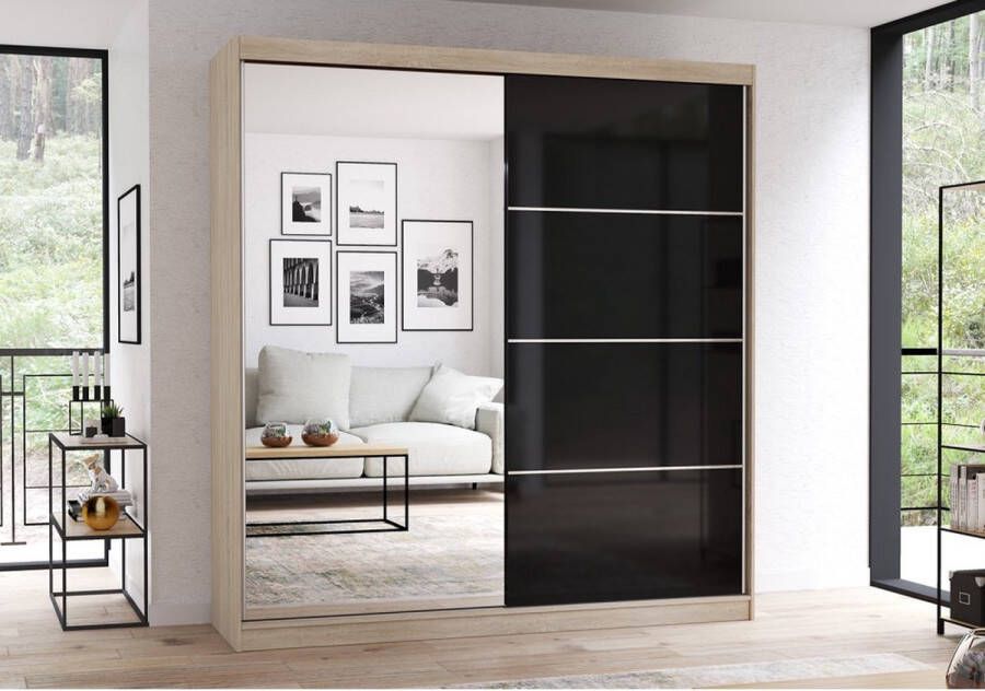 E-MEUBILAIR Zweefdeurkast Kledingkast met Spiegel Garderobekast met planken en kledingstang 203x61x218 cm (BxDxH) BEN 31 (Sonoma+Zwart) - Foto 2