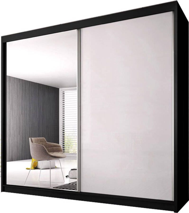 E-MEUBILAIR Zweefdeurkast Kledingkast met Spiegel Garderobekast met planken en kledingstang 203x61x218 cm (BxDxH) K006 (Zwart)