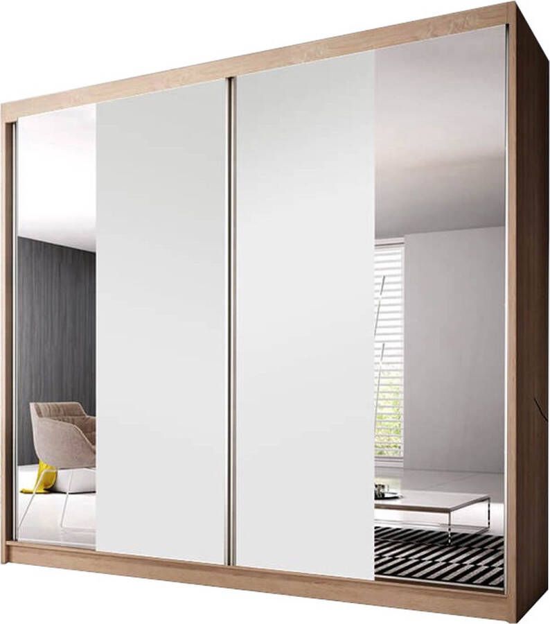 E-MEUBILAIR Zweefdeurkast Kledingkast met Spiegel Garderobekast met planken en kledingstang 233x61x218 cm (BxDxH) BEN 38 (Sonoma+Wit)