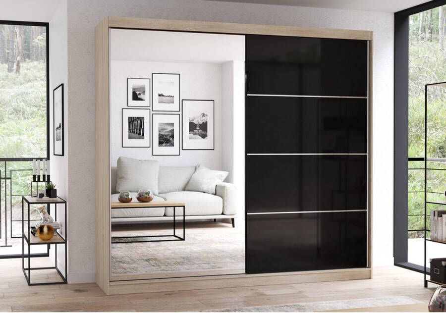 E-MEUBILAIR Zweefdeurkast Kledingkast met Spiegel Garderobekast met planken en kledingstang 233x61x218 cm (BxDxH) BEN 31 (Sonoma+Zwart)