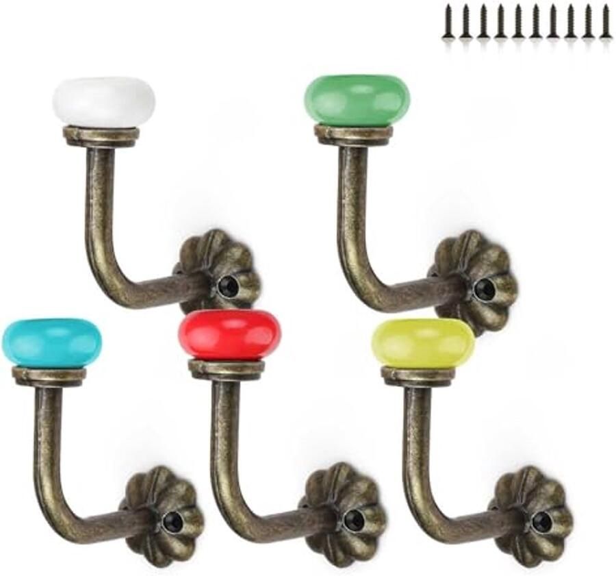 0XBIT vintage kapstokhaken set van 5 vintage kapstokhaken vintage wandhaken van zinklegering met schroeven geschikt voor het ophangen van tassen kleding hoeden
