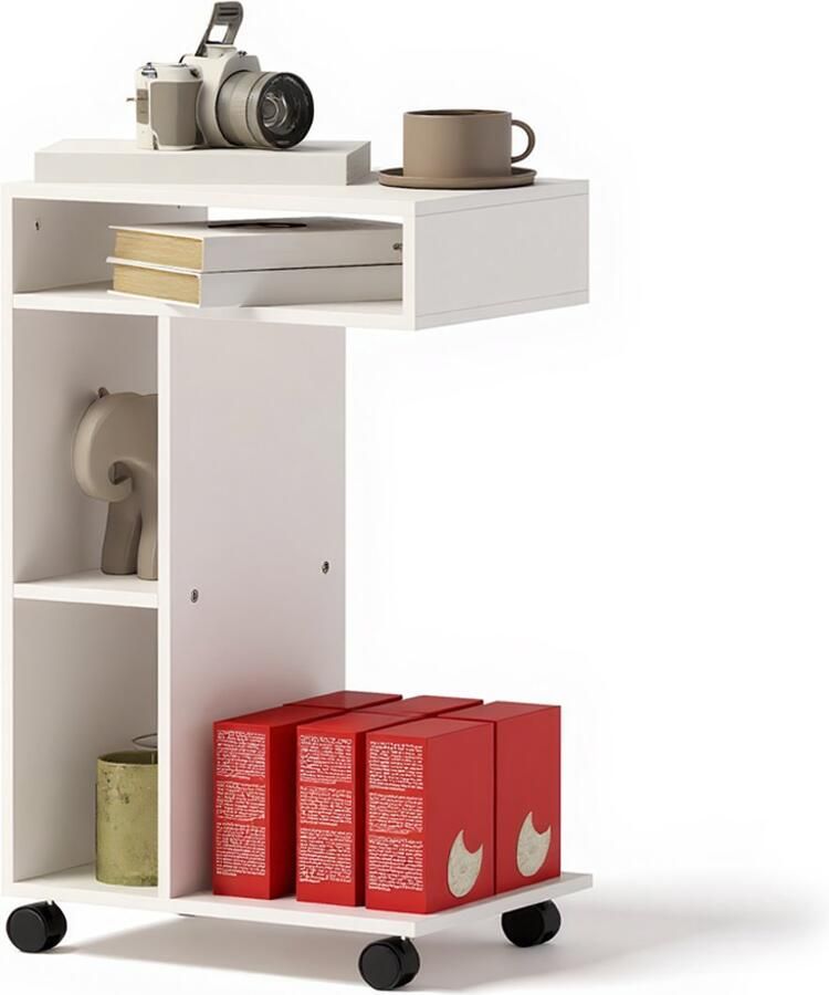 1 bijzettafel met wielen C-vormig design en 3 opbergniveaus – modern tafeltje met rollen ideaal als nachtkastje met wielen of sofa bijzettafel voor woonkamer en homeoffice