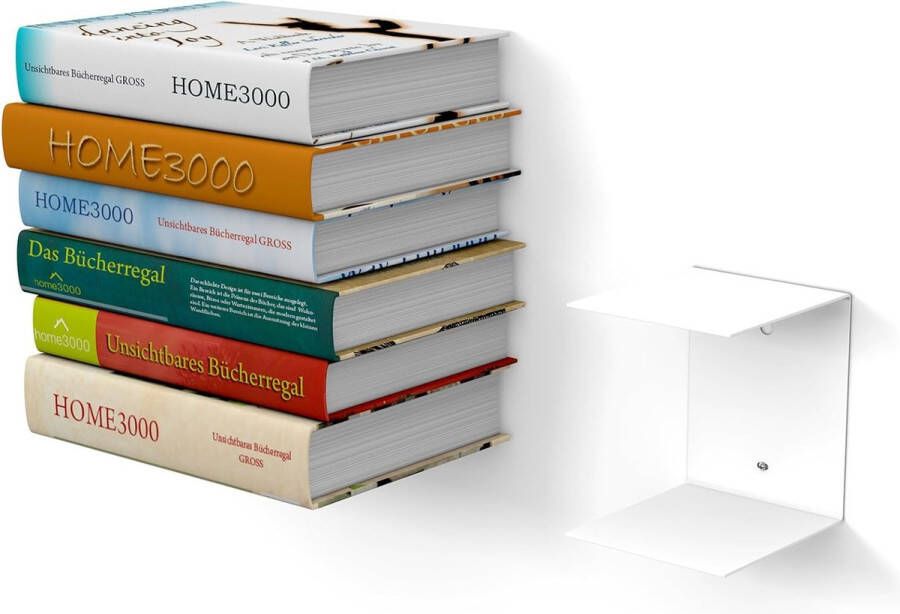 1 groot wit onzichtbare boekenkast met 2 vakken voor grote boeken tot 30 cm diepte en voor 50 cm hoge boekenstapel