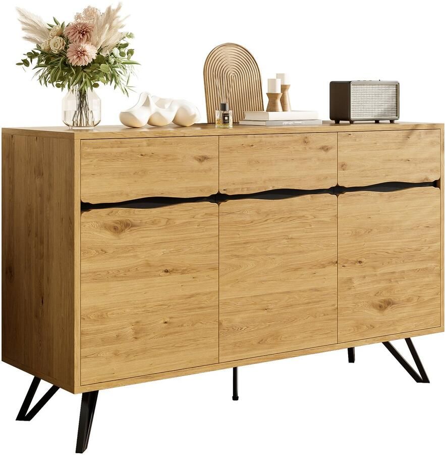 1-Houten ladekast Modern eikenhouten dressoir 3 deuren met veel opslagruimte Voor woonkamer en slaapkamer