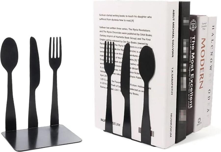 1 paar boekensteunen metalen boekensteunen boekenorganizer antislip krasbestendig roestvrij boekensteunen uniek ontwerp geschikt voor kinderen volwassenen voor gebruik thuis op kantoor in de bibliotheek Zwart koksmuts mes en vork - Foto 13
