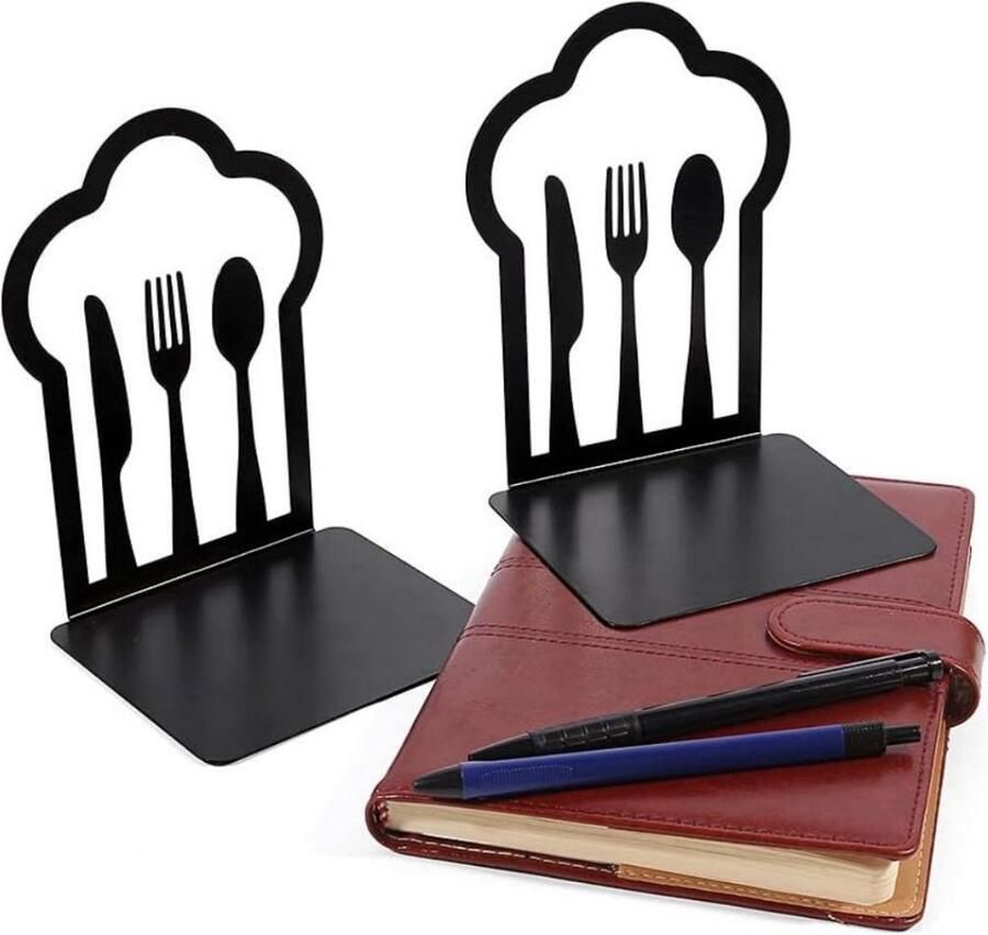 1 paar boekensteunen metalen boekensteunen boekenorganizer antislip krasbestendig roestvrij boekensteunen uniek ontwerp geschikt voor kinderen volwassenen voor gebruik thuis op kantoor in de bibliotheek Zwart koksmuts mes en vork - Foto 5