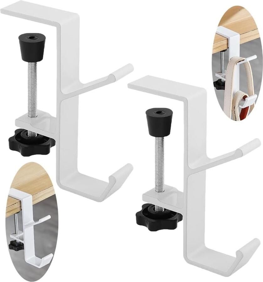 1 paar bureauhaken Haken Clip-on Onder bureau koptelefoonhouder rugzakhaak Studentenbureauhaak met verstelbare armclip Haakopslag Damestas handtas en portemonneehouder Geschikt voor borden tussen 1-5 cm 0 4-1 96 inch Wit