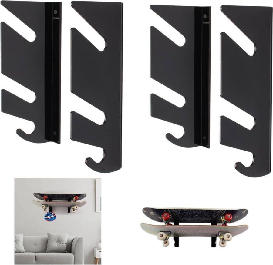 1 paar skateboardwandhouders met opberghaak skateboardhouder multifunctioneel acryl wandrek voor skateboards longboards snowboardhelm zwart