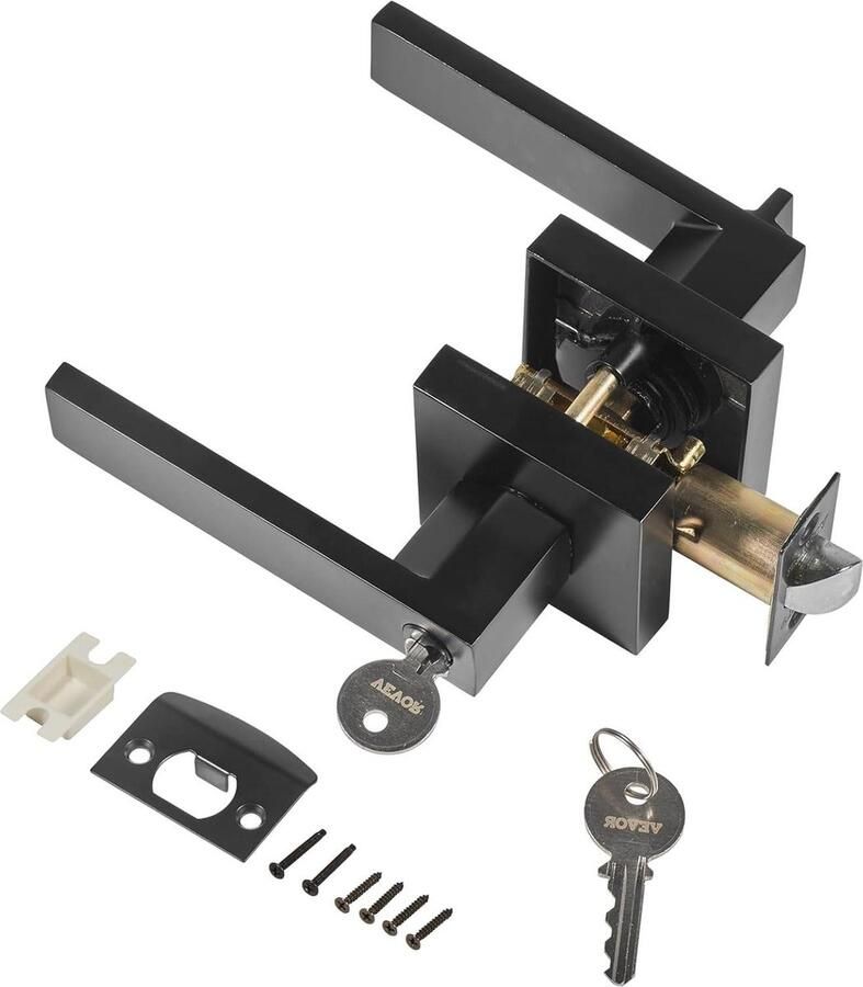 1 Piece Black Entrance Knob Lock and Key Contemporary Square Door Handle with 45° Rotation Reversible for Right and Left Sided Doors