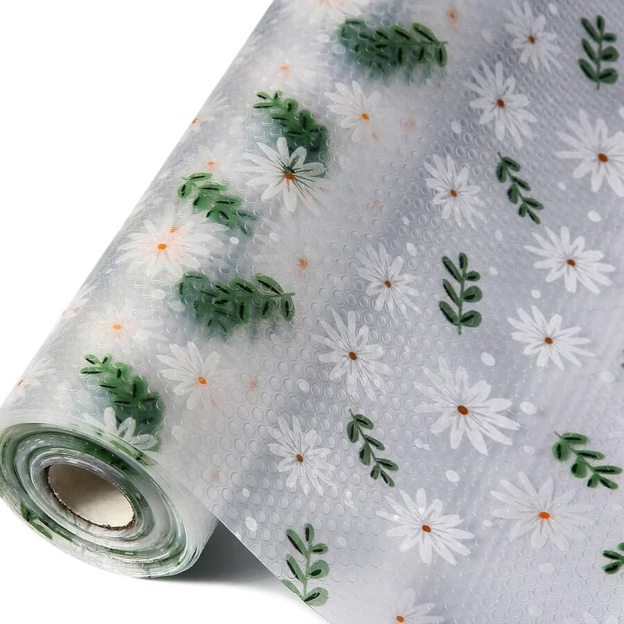 1 Rol Anti-aanbak EVA Lade-inlegzolen 45 cm × 5 m Antislip Waterdicht Wasbaar Oliebestendig Keukenkast Lade-inlegzolen Madeliefjesmotief Geschikt voor Keukens Voorraadkasten en Badkamers Transparant