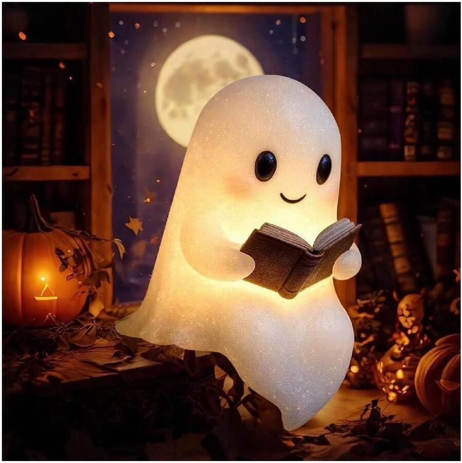 1 schattige spookleeslamp 10×10 cm Halloween Mini Spook Warm Nachtlampje Schattig 3D Spookfiguur LED Leeslampje Perfect cadeau voor badkamerdecoratie lezers en boekenliefhebbers