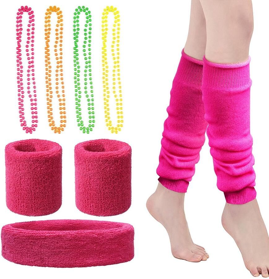 1 Set 80s Headband and Wristbands Pink Leg Warmers 1980s Necklaces Beads Sports Set Fun Run Team Building Event Gym Running Gymnastics Tennis Fancy Dress Pride Party Accessories