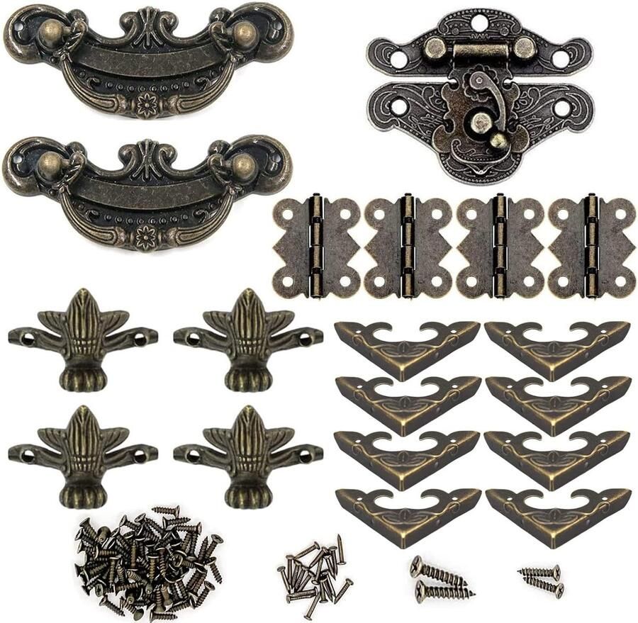 1 set kastslot vintage decoratief antiek 4 brons 8 hoekbeschermers 4 vintage poten 2 ladegrepen in retrostijl voor kast
