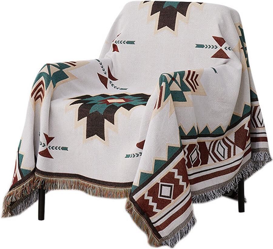 1 stuk Azteekse Deken met Kwastje Boho Gooi Deken voor Bank Geweven Deken voor bank bed bank woonkamer strand en reizen (Beige 90*90cm）