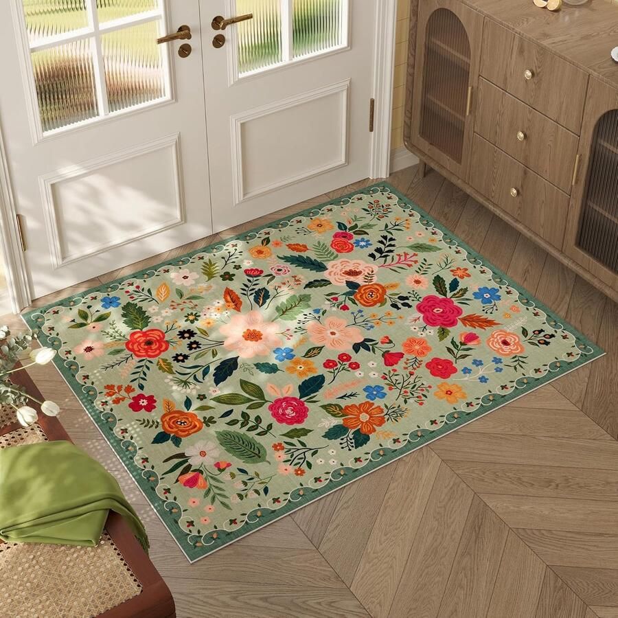 Deurmat voor binnen deurmat binnen met print Machinewasbaar vintage patroon Boho-stijl Klein vloerkleed met bloemenmotief Antislip laagpolig vloerkleed voor entree keuken voordeur entree hal kinderkamer 50 x 80cm Groen
