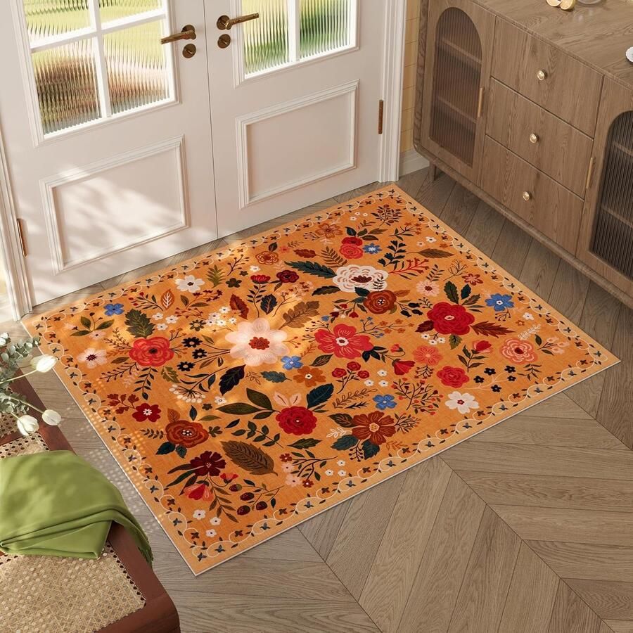 1 stuk Binnenhuis deurmat 50×80 cm Badkamer vloerkleed Bloemen design tapijt Wasmachinebestendig Bohemian stijl Antislip laagpolig vloerkleed Geschikt voor hal keuken voordeur kinderkamer (Oranje)