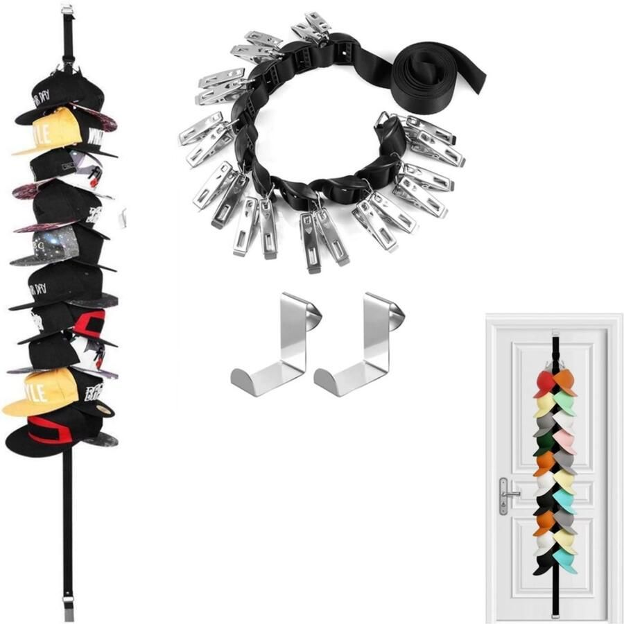 1 stuk Hoedenorganizer Hoedenrek Overdeurorganizer met 20 roestvrijstalen haken Zwart voor over deuren kasten muren