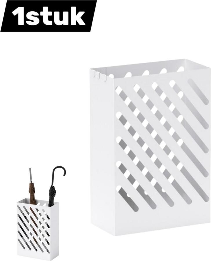 1 stuk Parapluhouder met 4 haken en wateropvangbak Geschikt voor wandelstokken en paraplu's Staal 28 x 14 x 41 cm Wit
