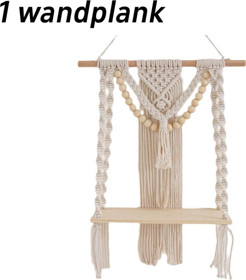 1 stuk Wandtapijt opbergrek Boho stijl Handgeweven Wandsier voor woonkamer en slaapkamer Massief houten plank Katoen Cremekleurig