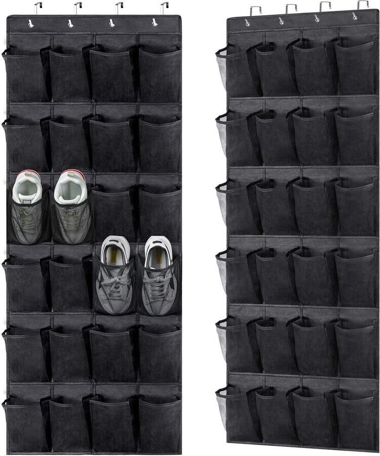 1 stuks De schoenenhanger-organizer zwart 24 ademende mesh-vakken Planken om op te hangen Over de deur schoenenorganizer hangende schoenenkast kastrekhanger houdt tot 15 kg vast plastic 56*150cm