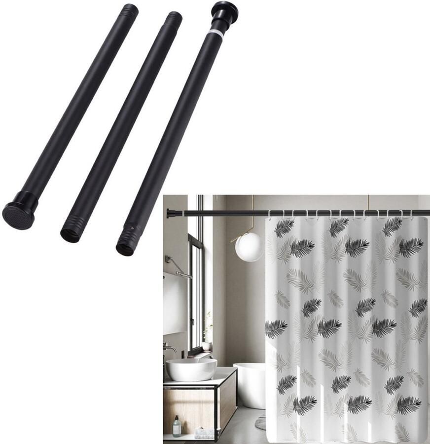 1 Stuks Gordijnroede Uitschuifbaar 80 cm-145 cm Diameter 25 mm -Gordijnrail Geen Boren Nodig Binnen en Buiten Geschikt VoorDoucheruimte Badkamer Kast Raam Deur Zwart
