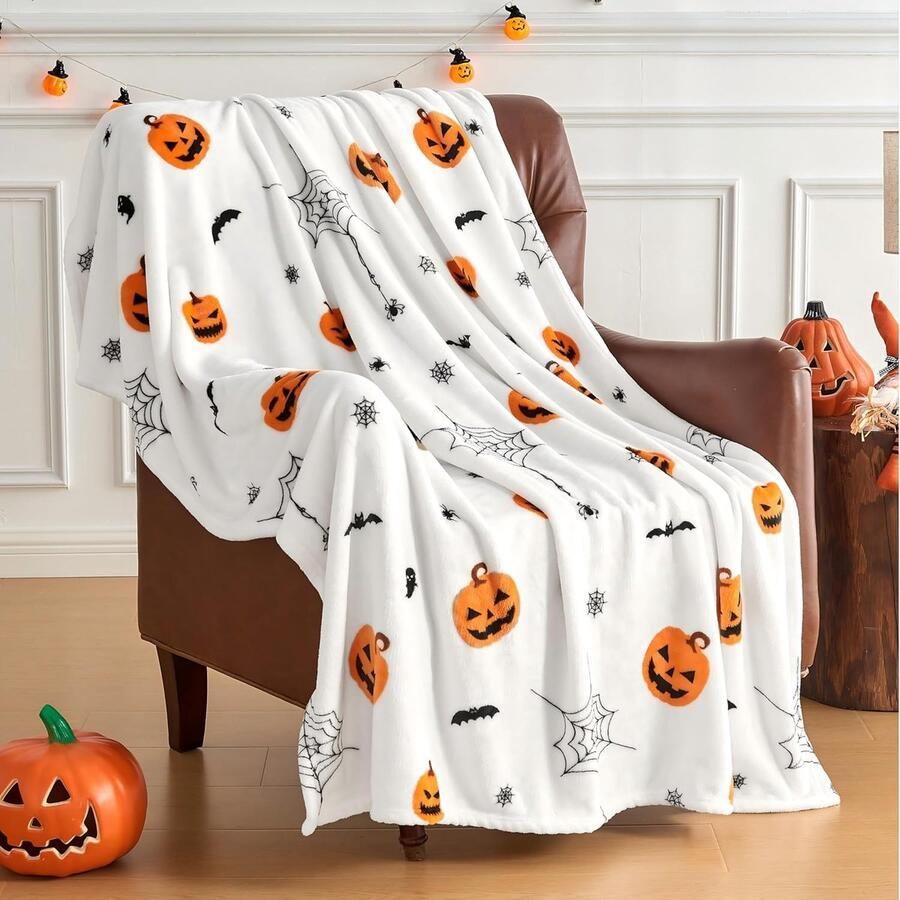 1 Stuks Halloween-deken Spookachtige pompoenvleermuis-spinnenwebprintdeken 50x60 Zacht en comfortabel Geschikt voor alle seizoenen Geschikt voor banken en bedden Woondecoratiecadeau Pluche Halloween-deken 130×150cm Wit