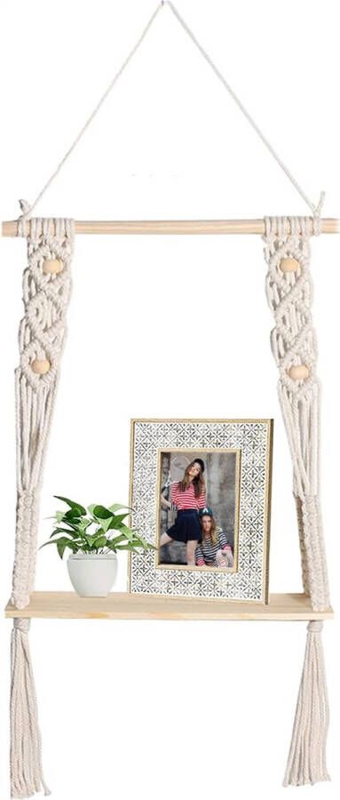 1 stuks macramé wandrek hout handgeweven zwevend rek voor wand- woonkamer- kantoor- slaapkamerdecoratie