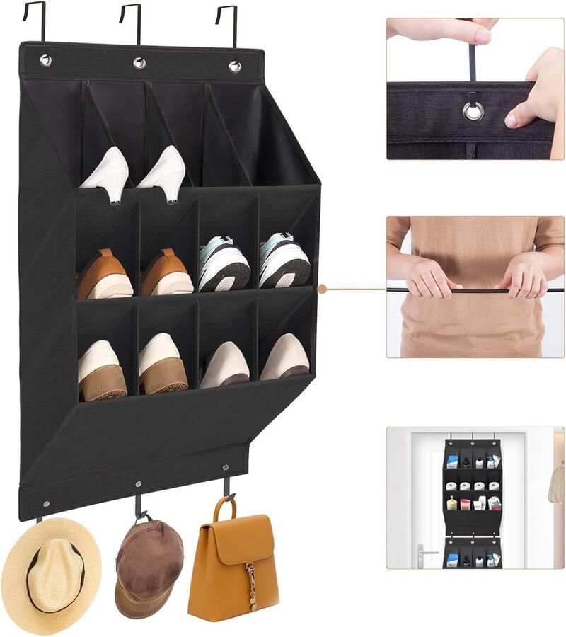 1 stuks zwart De schoenenhanger-organizer Over de deur schoenenorganizer Over de deur hangende schoenenorganizer 12 zakken schoenenopbergrek organisator voor deur de muur de kastroede of waar dan ook worden gehangen Kasten Schoenen