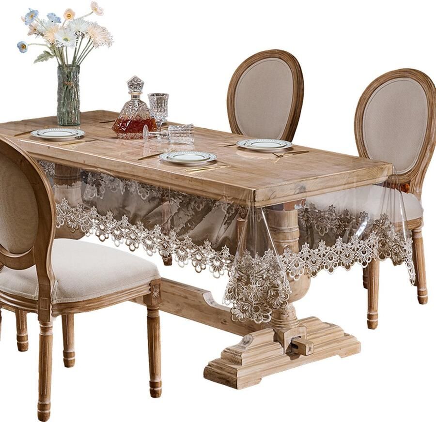 1 Transparante tafelkleedbeschermer van 140 × 180 cm met geborduurd kant Olie- en waterdicht PVC-tafelkleed Rechthoekig tafelkleed Geschikt voor familiediners tijdens feestdagen