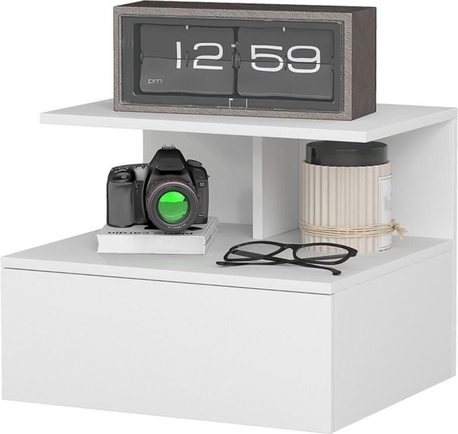 1 x Drijvende Nachtkastje MDF in Wit met Lade en Open Vak Wandnachtkastje voor Slaapkamer of Gang Ruimtebesparend en Modern